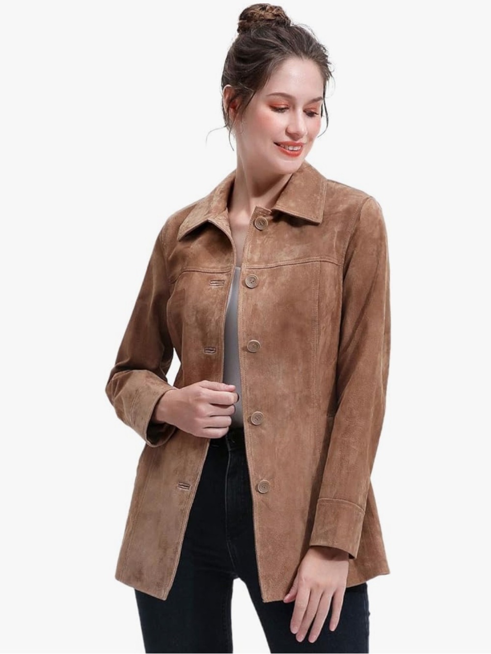 Women's Suede Button-Up Jacket in Tan